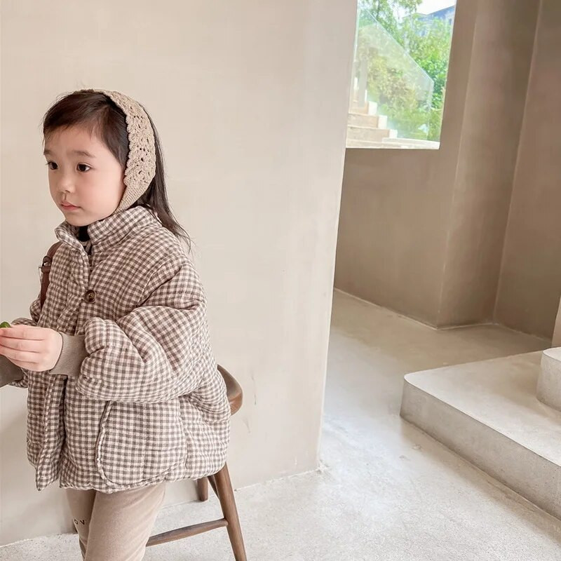 Žiemos mergaičių striukė su medvilniniu paminkštinimu kūdikių vilnos stora smėlio spalvos kava, medvilniniai drabužiai, paltai Vaikiški viršutiniai drabužiai E122662