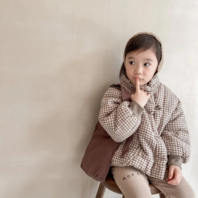 Žiemos mergaičių striukė su medvilniniu paminkštinimu kūdikių vilnos stora smėlio spalvos kava, medvilniniai drabužiai, paltai Vaikiški viršutiniai drabužiai E122662