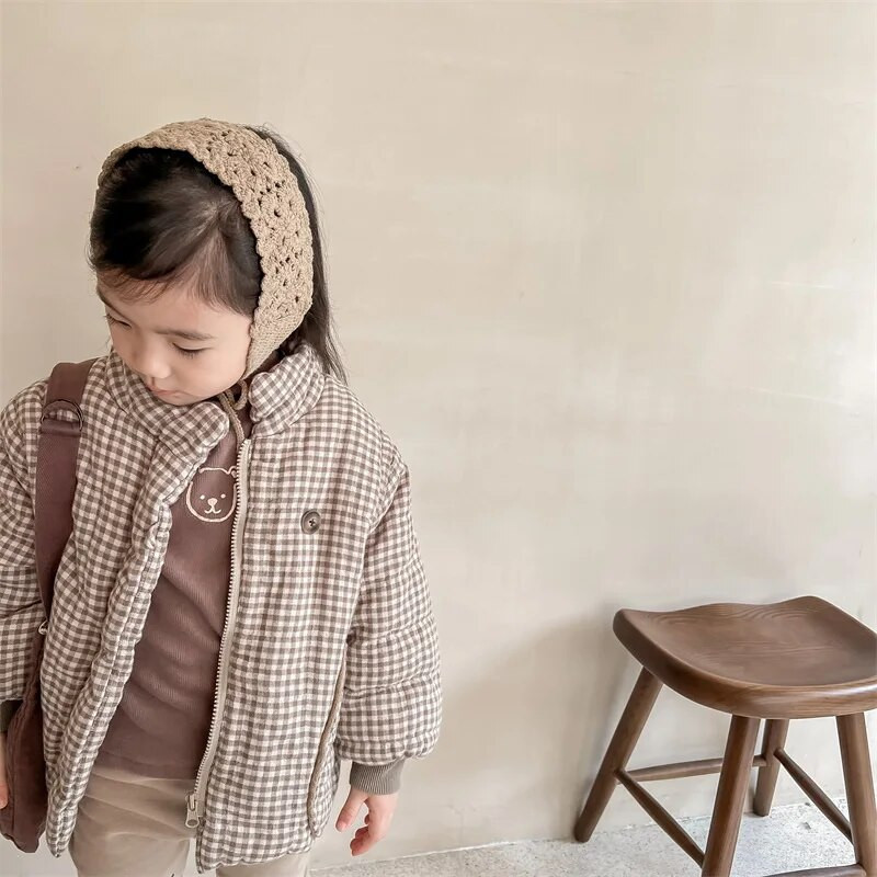 Žiemos mergaičių striukė su medvilniniu paminkštinimu kūdikių vilnos stora smėlio spalvos kava, medvilniniai drabužiai, paltai Vaikiški viršutiniai drabužiai E122662