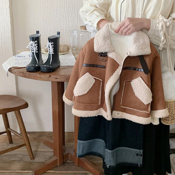 Велурени якета за деца 1-8 г. Есен Зима Модни дебели топли палта от агнешка вълна Детски якета с отложна яка Кадифени ципове