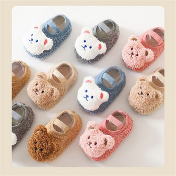 Бебешки обувки с анимационно мече Зимни дебели топли обувки за новородено Нехлъзгаща се подметка Меки плюшени малки деца Момчета Момичета Бебешки първи проходилки