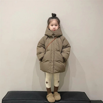 Яке с пухено палто за момичета Памучна защита от вятър 2023 Кафе Топло плюс удебелено кадифе Зимно облекло Детско облекло