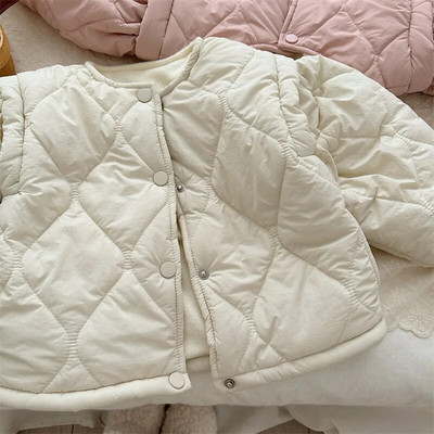 Vaikiškas žiemos paltas 2023 m. Naujas madingas korėjietiško stiliaus dygsniuotas mergaičių vienspalvis pastorintas vilnos paltas, paminkštintas laisvalaikio vaikiškas paltas