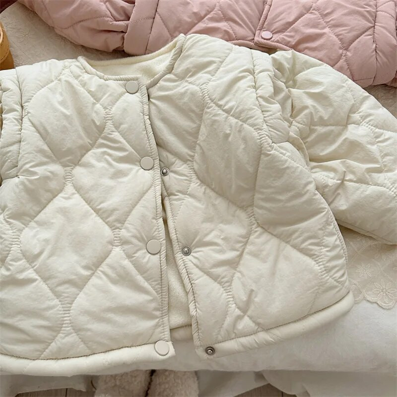 Vaikiškas žiemos paltas 2023 m. Naujas madingas korėjietiško stiliaus dygsniuotas mergaičių vienspalvis pastorintas vilnos paltas, paminkštintas laisvalaikio vaikiškas paltas