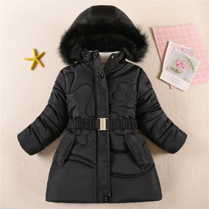 5-12 rokov Zimná dievčenská bunda Jednofarebná udržiava teplá módna princeznovská bunda s kapucňou a zipsom, kožušinový golier, dievčenské vrchné oblečenie, detské oblečenie
