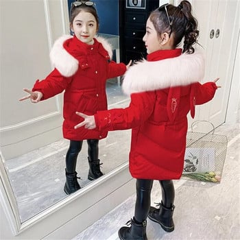 Дебело топло дълго палто за момичета -30 ℃ Зима, големи деца, подплатени памучни дрехи плюс кадифено връхно облекло, детско яке с парка, снежен костюм 5-12 години