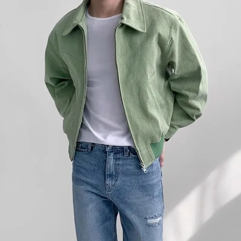 Jarná jesenná retro krátka zipsová klopa, jednofarebná bomberová bunda, módna voľná ležérna bunda pre mužov, kabát, pánske oblečenie