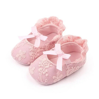 0~18M Сладки обувки за новородено с панделка, дантелени цветя, противоплъзгащи се за малко дете, първа проходилка, бебешки момичета, розови обувки с мека подметка за новородено