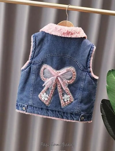 Dievčenská džínsová bunda s motýľmi a flitrami, jesenné a zimné štýly, nové dievčenské zahustené oblečenie pre bábätká, zimné zahustené bavlnené vesty