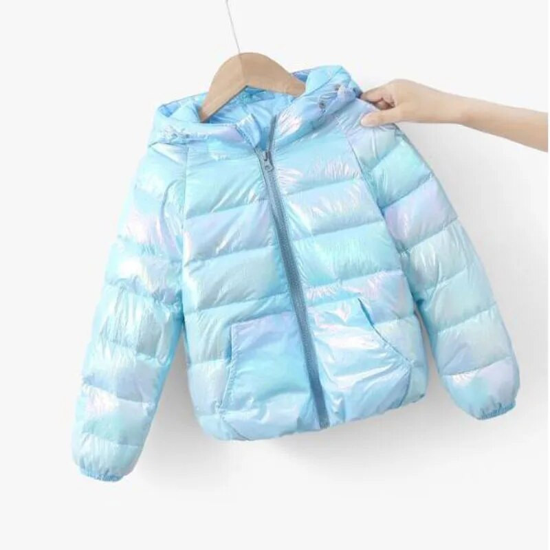 Zimná teplá páperová bunda s kapucňou a potlačou písmen pre chlapcov a dievčatá vo veku 2-8 rokov, farebný kabát, kórejská verzia, módna detská