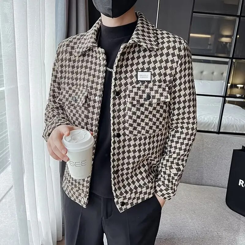 Sügistalvise villasegudega meeste jope Klassikaline ruuduline õhuke vabaaja äri lühike mantel Trench sotsiaalne tuulejakk Meeste rõivad 2023