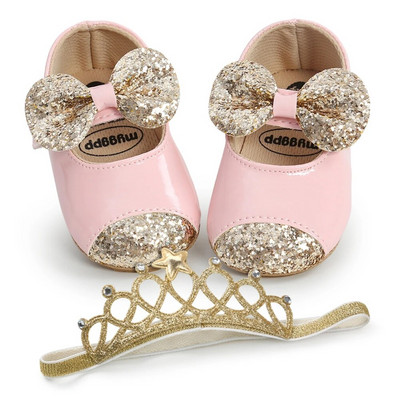 Обувки за момиче Baywell + лента за коса, модни PU пайети, панделка, неплъзгащи се обувки за кръщене Princess First Walker
