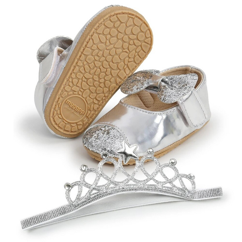 Baywell Dievčenské topánky + čelenka do vlasov, módne detské batoľatá, PU flitre, mašľa, protišmykové princeznovské topánočky pre prvé krstné dievčatá