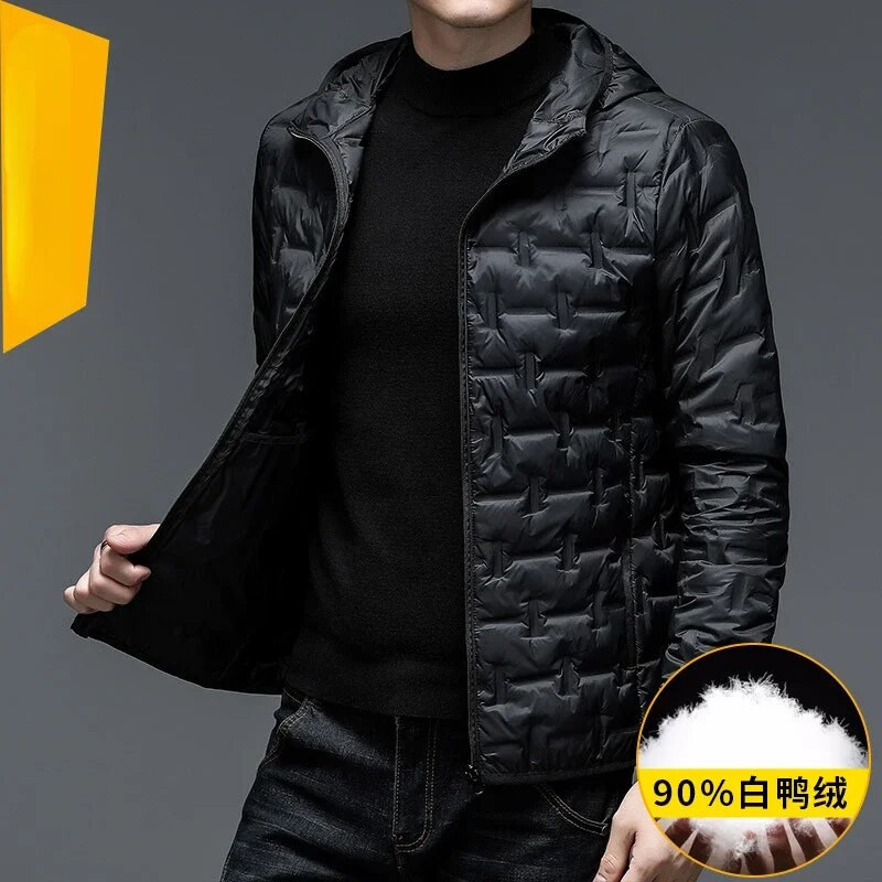 Pánska ľahká páperová bunda, teplá s kapucňou, krátka biela páperová bunda s dlhým rukávom, bomber, zips