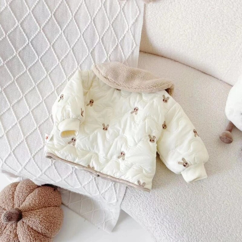 Bavlnená prešívaná bunda pre dievčatká, zimný kabát s kreslenou výšivkou, teplý plyšový kabát s klopou pre dojčatá a batoľatá, zahusťovacie oblečenie pre bábätká 12M-7R