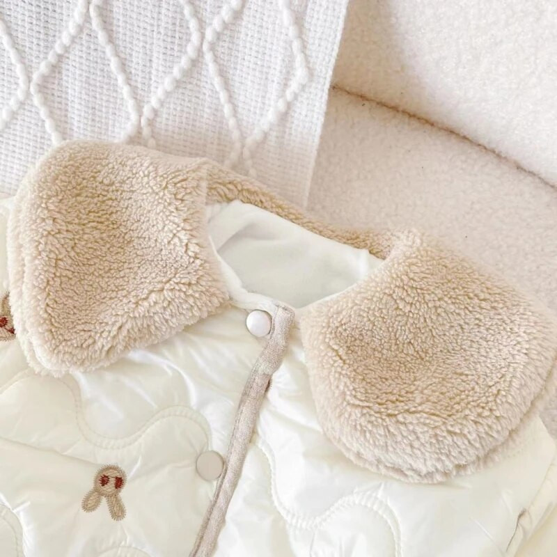 Bavlnená prešívaná bunda pre dievčatká, zimný kabát s kreslenou výšivkou, teplý plyšový kabát s klopou pre dojčatá a batoľatá, zahusťovacie oblečenie pre bábätká 12M-7R