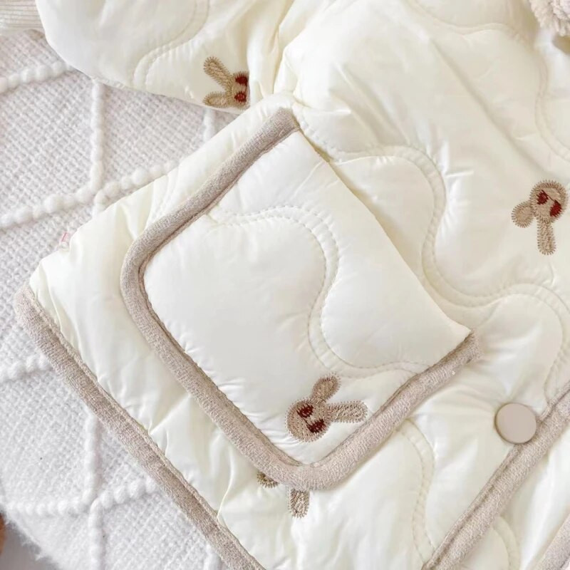 Bavlnená prešívaná bunda pre dievčatká, zimný kabát s kreslenou výšivkou, teplý plyšový kabát s klopou pre dojčatá a batoľatá, zahusťovacie oblečenie pre bábätká 12M-7R