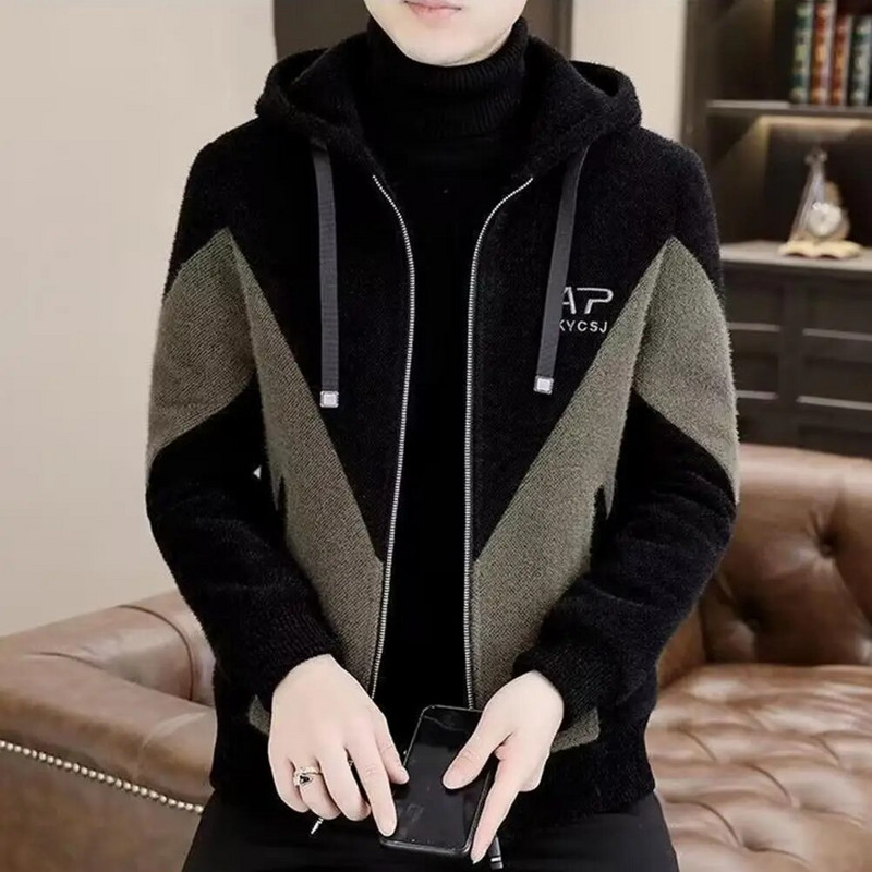 Teljes cipzáras férfi dzseki poliészter szövet férfi kabát férfi kapucnis, húzózsinóros dzseki színben hozzáillő vastag puha téli pluszhoz