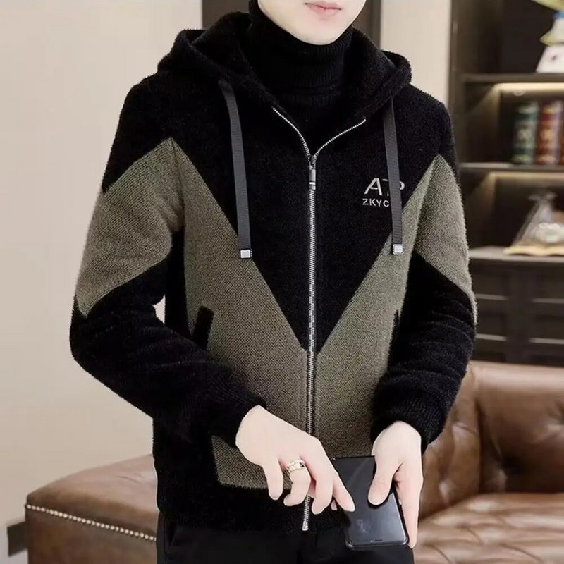 Teljes cipzáras férfi dzseki poliészter szövet férfi kabát férfi kapucnis, húzózsinóros dzseki színben hozzáillő vastag puha téli pluszhoz