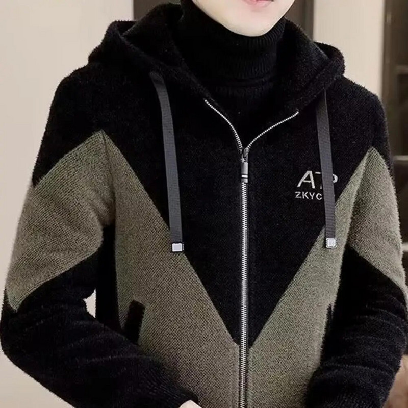 Teljes cipzáras férfi dzseki poliészter szövet férfi kabát férfi kapucnis, húzózsinóros dzseki színben hozzáillő vastag puha téli pluszhoz