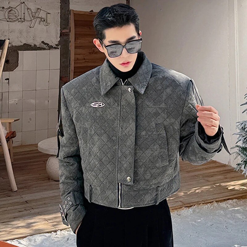 IEFB Argyle pánska prešívaná bunda s klopou, prackou, zipsom, gradientnou farbou, pánske krátke bavlnené kabáty, americký štýl, nový rok 2023, 9C3926