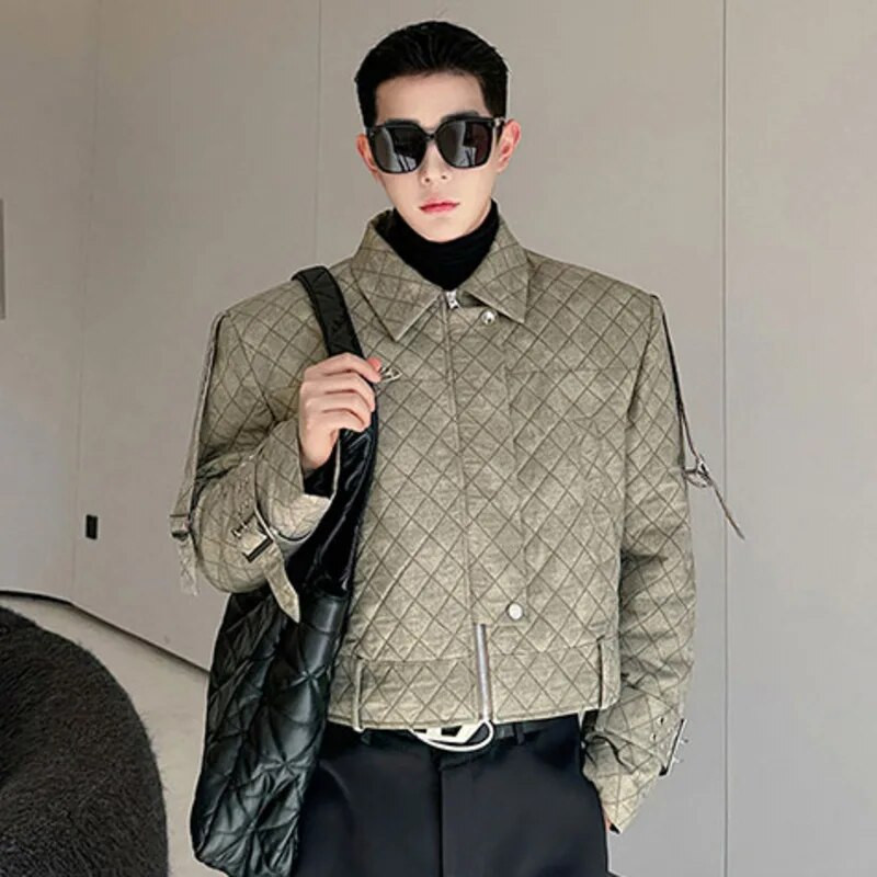 IEFB Argyle pánska prešívaná bunda s klopou, prackou, zipsom, gradientnou farbou, pánske krátke bavlnené kabáty, americký štýl, nový rok 2023, 9C3926