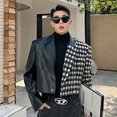 Jachetă pentru bărbați, de designer IEFB, culoare contrastantă, carouri, piele de lână, mozaic, haină scurtă, versatil, guler răsturnat, top pentru bărbați 9C3595