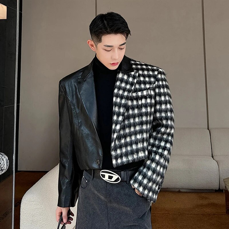 Jachetă pentru bărbați, de designer IEFB, culoare contrastantă, carouri, piele de lână, mozaic, haină scurtă, versatil, guler răsturnat, top pentru bărbați 9C3595