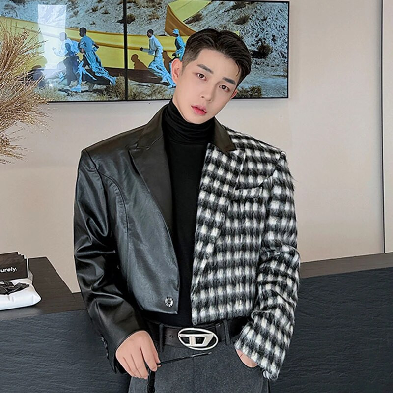 Jachetă pentru bărbați, de designer IEFB, culoare contrastantă, carouri, piele de lână, mozaic, haină scurtă, versatil, guler răsturnat, top pentru bărbați 9C3595