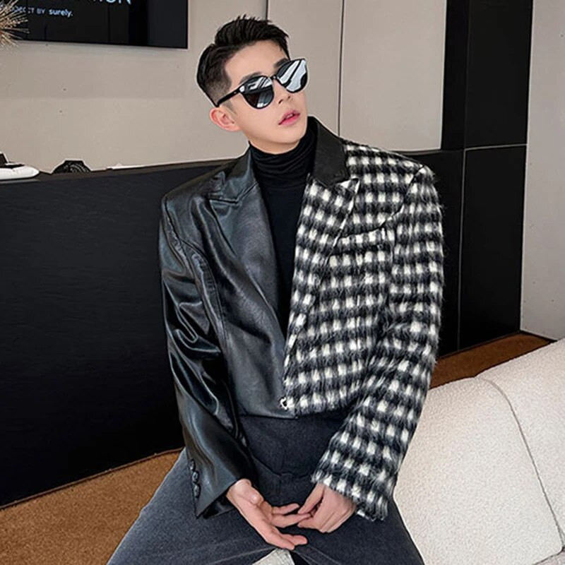 Jachetă pentru bărbați, de designer IEFB, culoare contrastantă, carouri, piele de lână, mozaic, haină scurtă, versatil, guler răsturnat, top pentru bărbați 9C3595