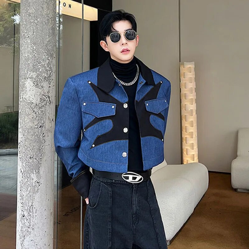 Jesenné oblečenie IEFB Pánske bundy s výklenkom, kontrastné farebné šitie, krátke siluety, vrchné oblečenie, móda v kórejskom štýle 9C3123