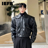 IEFB Trend Pánske motocyklové oblečenie Kožená bunda Krátka klopa PU Vrchné oblečenie Kórejský štýl Móda Ležérny Street Tide Kabát 9C1981