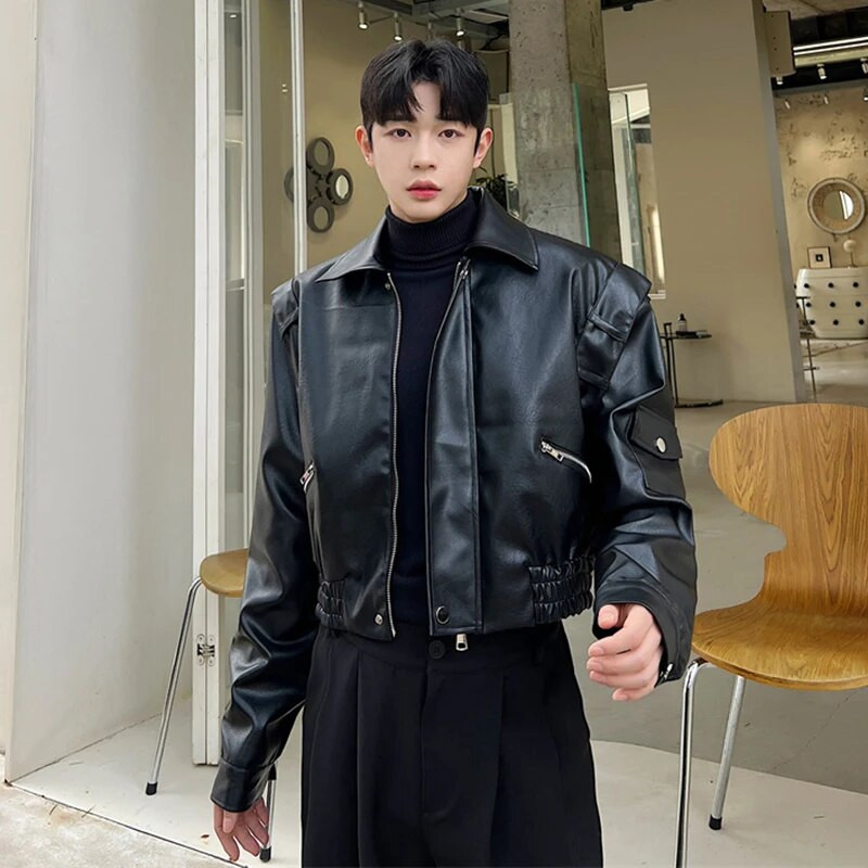 IEFB Trend Pánske motocyklové oblečenie Kožená bunda Krátka klopa PU Vrchné oblečenie Kórejský štýl Móda Ležérny Street Tide Kabát 9C1981