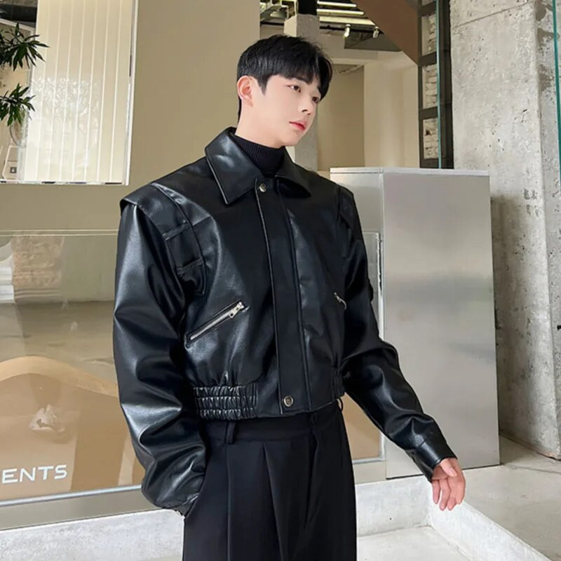 IEFB Trend Pánske motocyklové oblečenie Kožená bunda Krátka klopa PU Vrchné oblečenie Kórejský štýl Móda Ležérny Street Tide Kabát 9C1981