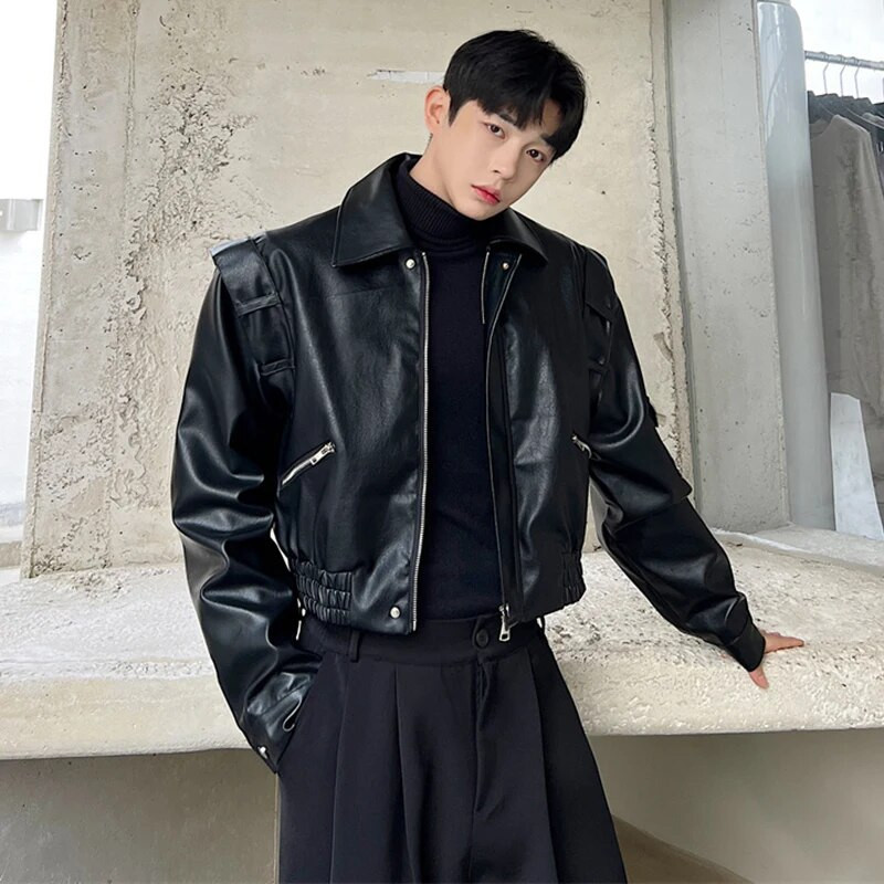 IEFB Trend Pánske motocyklové oblečenie Kožená bunda Krátka klopa PU Vrchné oblečenie Kórejský štýl Móda Ležérny Street Tide Kabát 9C1981