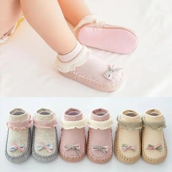 Есенно-зимни модели на обувки за новородено, малко дете, чорапи, памучни чорапи за момичета, анимационни лъкове, неплъзгащи се детски обувки и чорапи