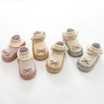 Есенно-зимни модели на обувки за новородено, малко дете, чорапи, памучни чорапи за момичета, анимационни лъкове, неплъзгащи се детски обувки и чорапи