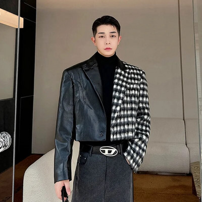 NOYMEI Design de nișă Jachetă scurtă Patchwork carouri haină de lână rever la modă 2024 iarnă bărbați temperament culoare contrastantă WA3490