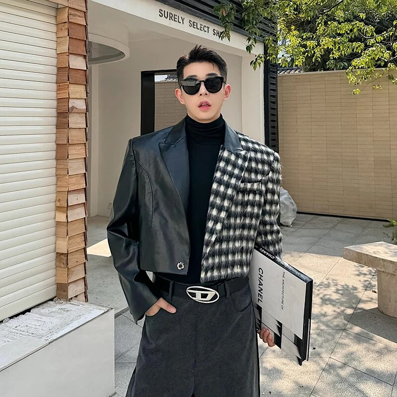 NOYMEI Design de nișă Jachetă scurtă Patchwork carouri haină de lână rever la modă 2024 iarnă bărbați temperament culoare contrastantă WA3490