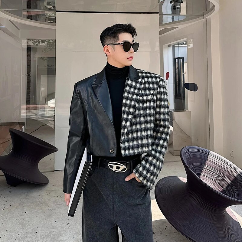 NOYMEI Design de nișă Jachetă scurtă Patchwork carouri haină de lână rever la modă 2024 iarnă bărbați temperament culoare contrastantă WA3490