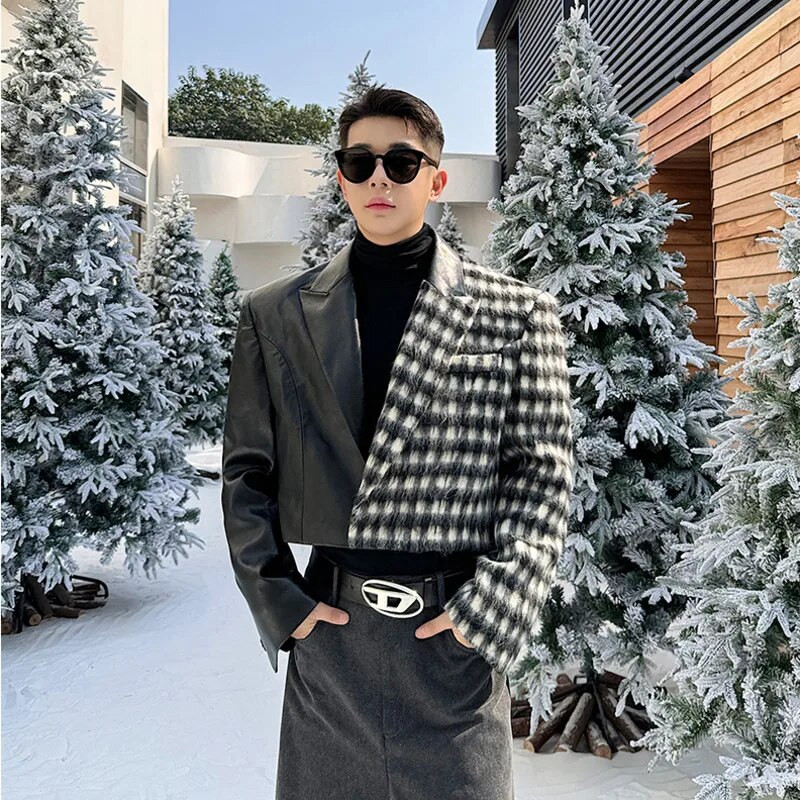 NOYMEI Design de nișă Jachetă scurtă Patchwork carouri haină de lână rever la modă 2024 iarnă bărbați temperament culoare contrastantă WA3490