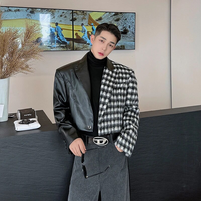 NOYMEI Design de nișă Jachetă scurtă Patchwork carouri haină de lână rever la modă 2024 iarnă bărbați temperament culoare contrastantă WA3490