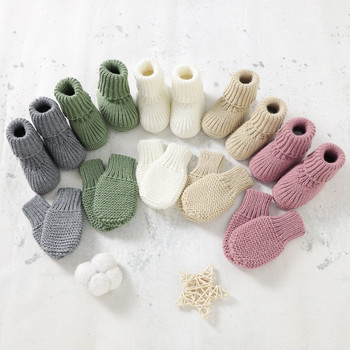 Обувки за новородено бебе + комплект ръкавици Плетени ботуши за бебета, момичета, момчета, модни ръкавици, плътни, 2 бр., детски обувки за легло, ръчно изработени 0-18M