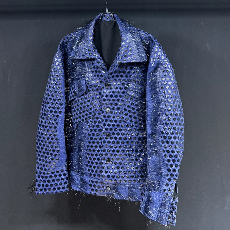 Pánske široké textúrované lesklé bundy PFHQ s okrúhlymi bodkami, krátkym kožušinovým tenkým topom, voľným, trendy jesenným abstrakciou, vreckami, prílivovým kabátom 21Z2516