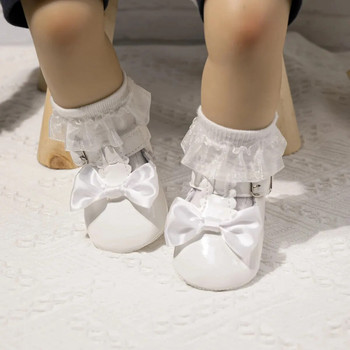 Meckior Бебешки обувки за момичета Класическа гумена подметка с панделка Противохлъзгаща се PU Обувки за момичета First Walker Бебешки обувки за бебешко креватче