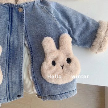 Μπουφάν για κορίτσια Αγόρι Παιδικά Τζιν Μπουφάν Baby Cute Rabbit Ear με κουκούλα βελούδινο χοντρό ζεστό παλτό Παιδικά χειμωνιάτικα εξωτερικά ρούχα