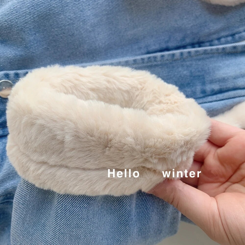 Jachetă pentru fete, băiat, jachete de blugi pentru copii, drăguț, ureche de iepure, cu glugă, catifea, haină groasă și caldă, haine de iarnă pentru copii