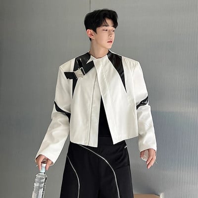 IEFB Pánske bundy so stojatým golierom, kontrastné farby, krátky kabát z umelej kože, kórejský štýl, luxusné pánske oblečenie, nový rok 2023, 9C1558