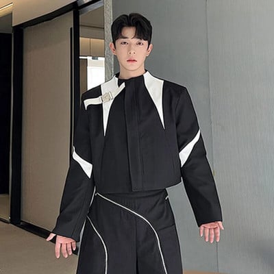 IEFB Pánske bundy so stojatým golierom, kontrastné farby, krátky kabát z umelej kože, kórejský štýl, luxusné pánske oblečenie, nový rok 2023, 9C1558