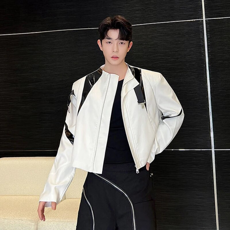 IEFB Pánske bundy so stojatým golierom, kontrastné farby, krátky kabát z umelej kože, kórejský štýl, luxusné pánske oblečenie, nový rok 2023, 9C1558